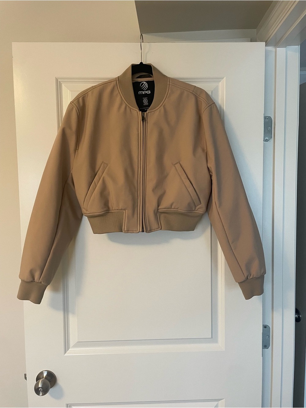 MPG Cropped Bomber Jacket in Tan